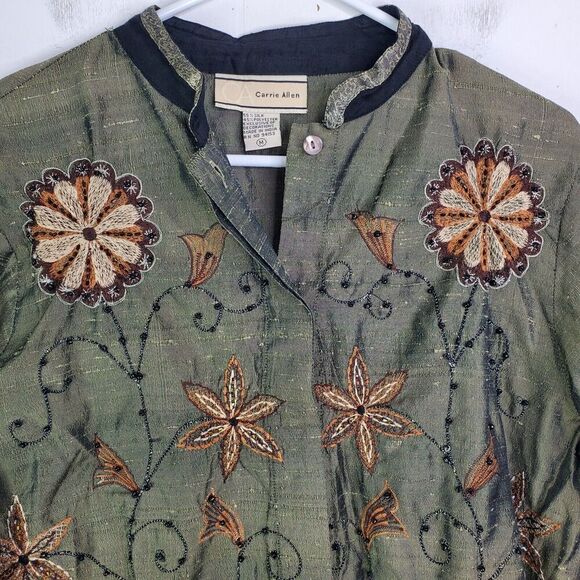 Carrie Allen Jacket Womens M Silk Embroidered Fall Florals Inverted Collar - Picture 3 of 10